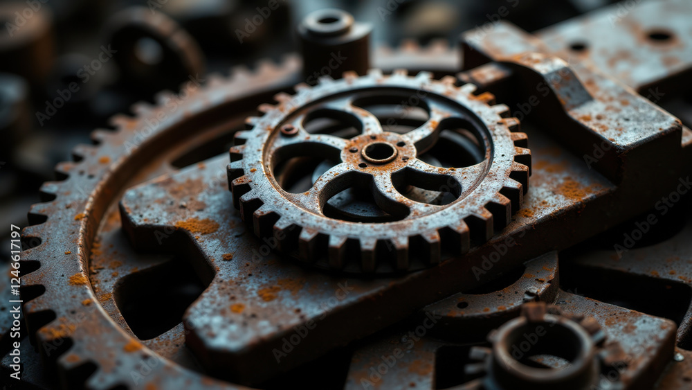 A close-up view of a rusted mechanical gear showcasing intricate details with an industrial theme. A close-up view of a rusted mechanical gear showcasing intricate details with an industrial theme.