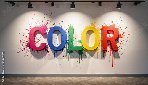Vibrant color splash typography art in indoor studio display, creativity