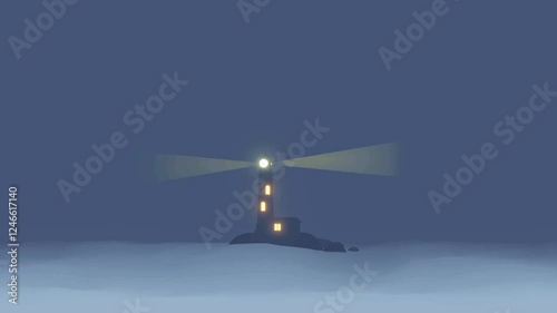 2d flat art animation lighthouse in the middle of the ocean, lighthouse beam, big waves. simple animation. blue style color