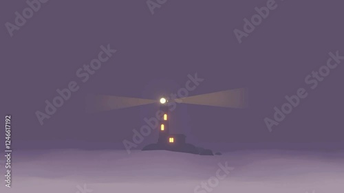 2d flat art animation lighthouse in the middle of the ocean, lighthouse beam, big waves. simple animation. purple style color