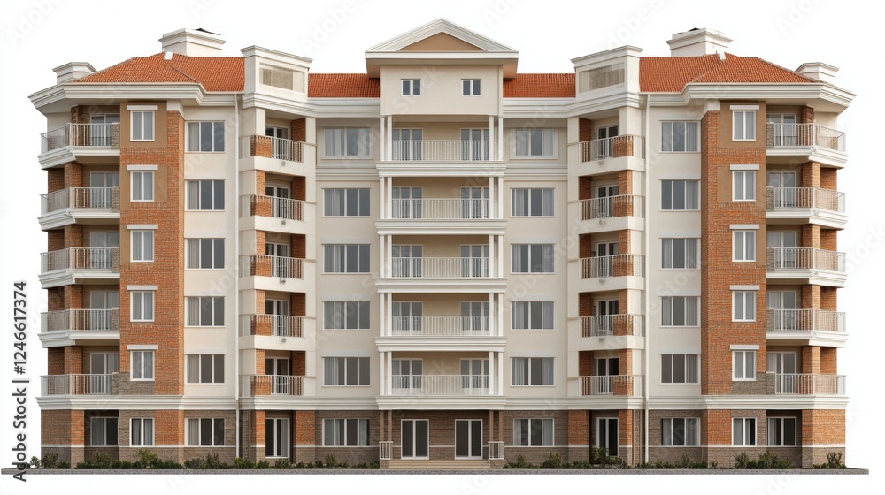 Fototapeta premium Modern Residential Apartment Building with Balconies and Brick Facade