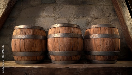 A bootlegger's hidden stash of whiskey and rum stored in barrels, carefully concealed in a barn or secret cellar.