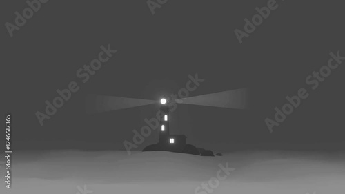 2d flat art animation lighthouse in the middle of the ocean, lighthouse beam, big waves. simple animation. black and white