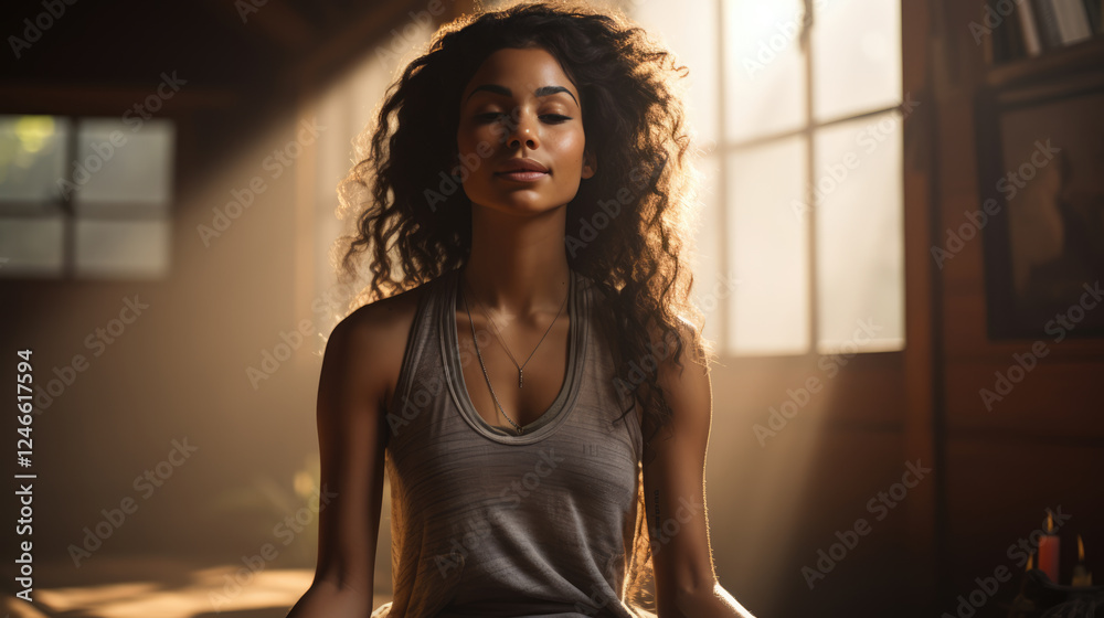 Fototapeta premium generated illustration of woman sitting in Yoga position on floor, doing meditation in the morning