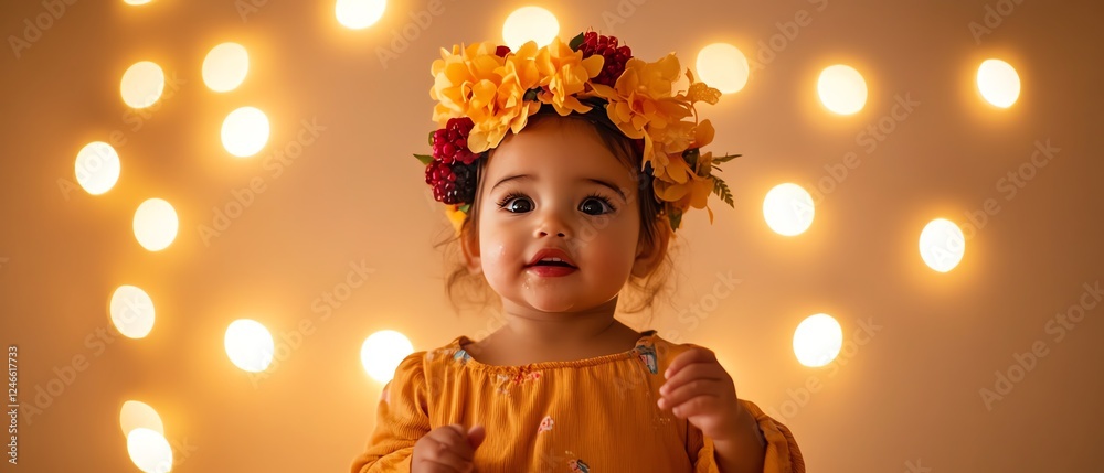 Adorable child with flower crown and soft lights. Adorable child with flower crown and soft lights.