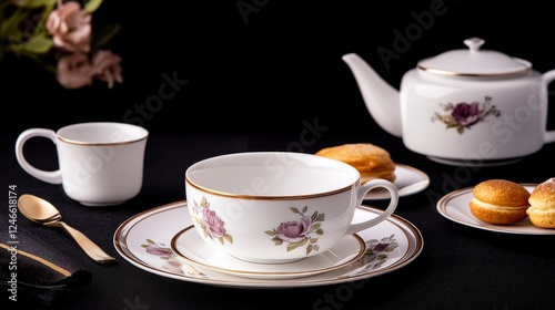 Wallpaper Mural Elegant tea set with floral design, accompanied by pastry on a black backdrop, creating a cozy ambiance Torontodigital.ca