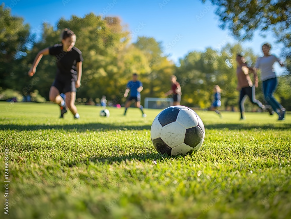 Fototapeta premium Soccer players kicking and running on a grassy field during an outdoor sports competition or training session