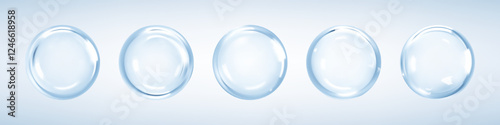 Cosmetic collagen serum or essence drops on blue background. Hyaluronic acid bubbles. Skincare product. Vector illustration