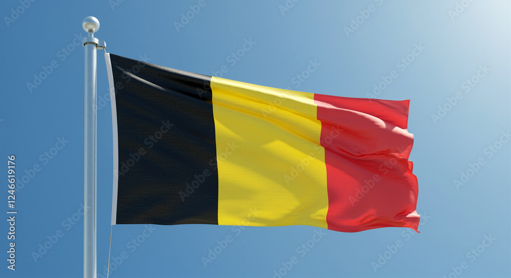 Belgian flag waving against a clear blue sky displaying national symbol and colors Belgian flag waving against a clear blue sky displaying national symbol and colors