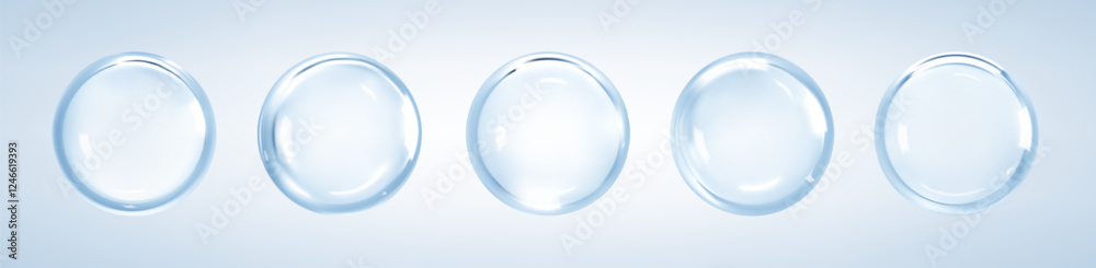 Obraz premium Cosmetic collagen serum or essence drops on blue background. Hyaluronic acid bubbles. Skincare product. Vector illustration