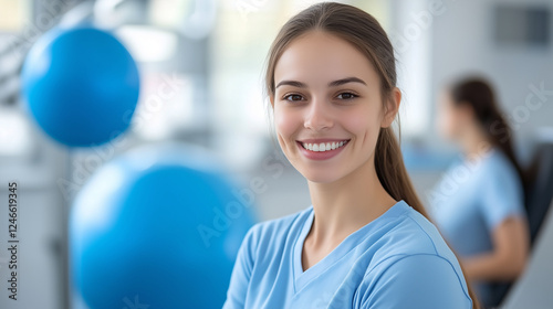 Fitness Instructor Smiling in Gym During Daytime While Assisting Clients With Exercise Routines in a Well-Lit Training Space photo