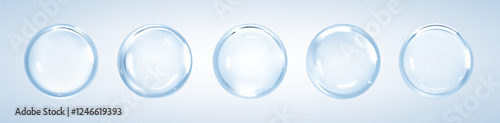 Cosmetic collagen serum or essence drops on blue background. Hyaluronic acid bubbles. Skincare product. Vector illustration