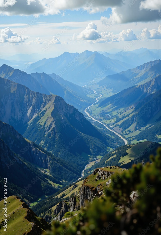 Obraz premium A breathtaking view of sunlit mountains beneath an endless blue sky.