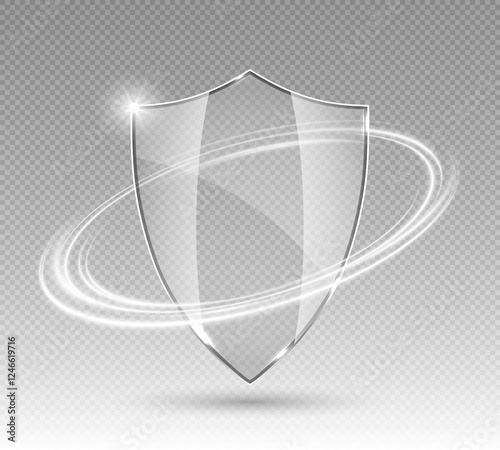 Transparent glass protection shield with white glowing effect. Safeguard sign. Security concept. 3D vector illustration