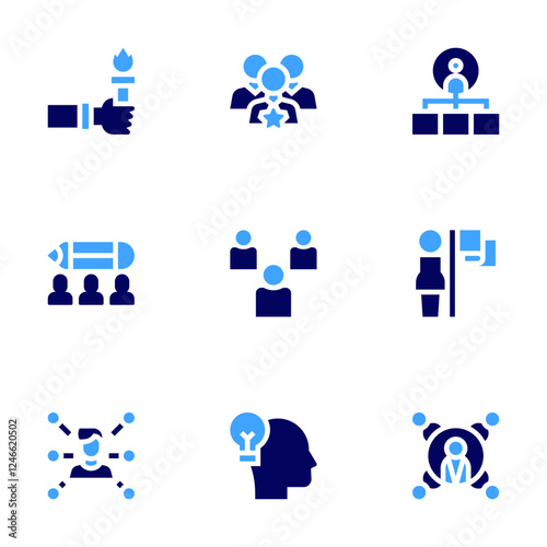 Leadership icon set. Bold style. Duotone colors. leadership, thought leadership, team, employee, torch, structure