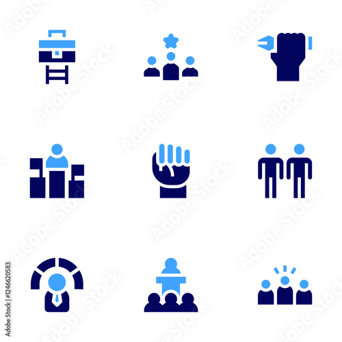 Leadership icon set. Bold style. Duotone colors. pen, speech, collective, performance, pioneer, people, career, leadership, fist