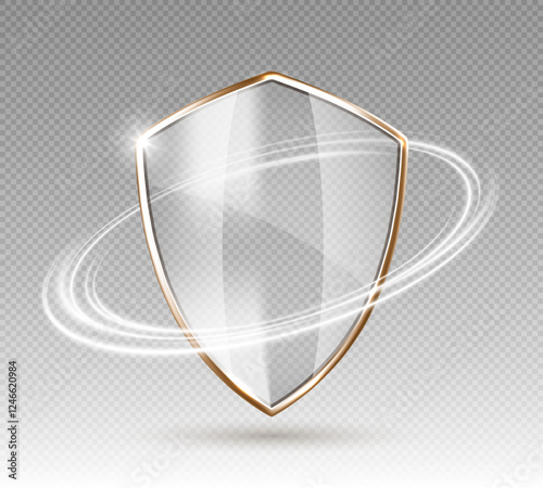 Transparent glass protection shield with white glowing effect. Safeguard sign. Security concept. Vector 3d illustration