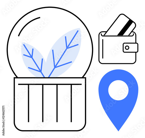 Plant in glass, digital wallet with credit card, location marker. Ideal for sustainability, fintech, digital payments, eco-friendly initiatives, geolocation services, modern business solutions