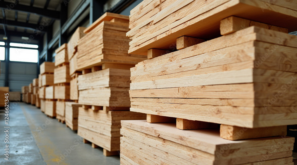 Stacked wooden sheets ready for crafting in a manufacturing facility during daytime Stacked wooden sheets ready for crafting in a manufacturing facility during daytime