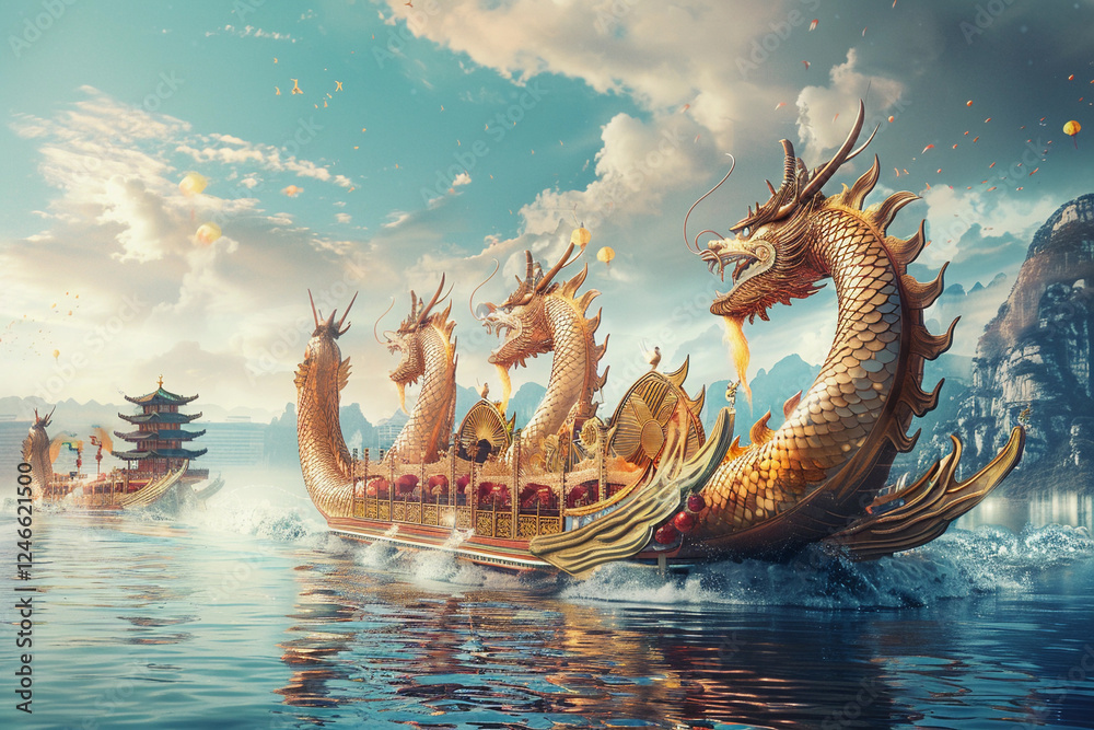 Obraz premium Beautiful holiday composition for happy celebrate chinese dragon boat festival, abstract vivid composition consists of fictional unreal fantastic vision on background