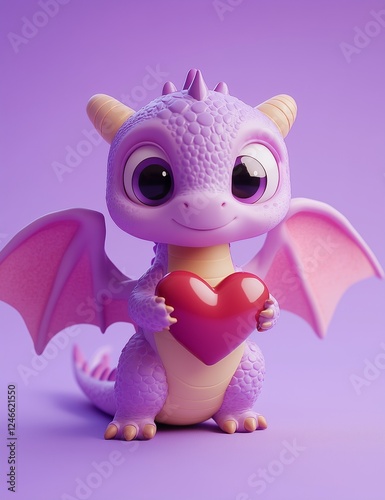 A cute baby dragon holding a heart