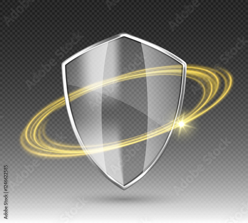 Transparent glass protection shield with gold glow effect. Safeguard sign. Security concept. Vector illustration