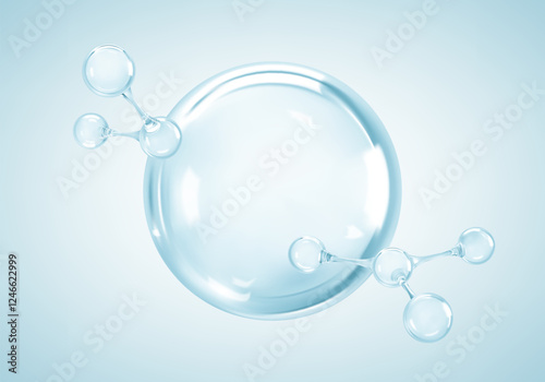Cosmetic essence with molecules. Molecules and liquid bubble. Collagen skin serum. Hyaluronic acid. Skincare product. Concept skin care cosmetics solution