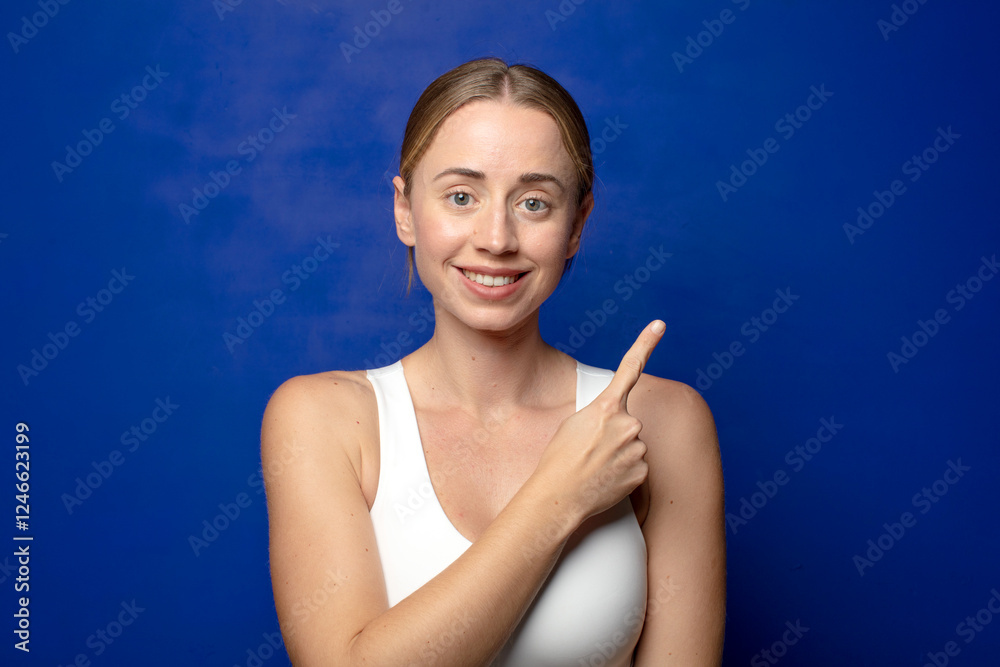 blonde woman smiling cheerfully, feeling happy and pointing to the side and upwards, showing object in copy space blonde woman smiling cheerfully, feeling happy and pointing to the side and upwards, showing object in copy space
