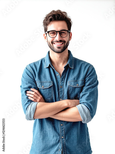 Hombre de brazos cruzados sobre fondo blanco. Retrato de un hombre guapo, feliz y a la moda, con camisa vaquera y gafas, cruzando las manos y sonriendo.