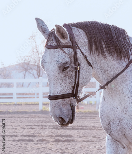 Portrait of a White horse at the farm - Training