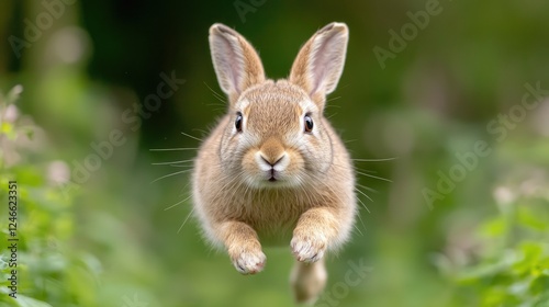 Leaping rabbit in meadow, nature background, Easter