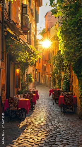 A romantic dinner in Rome, cobblestone streets with red tablecloths and green chairs under an umbrella at sunset
