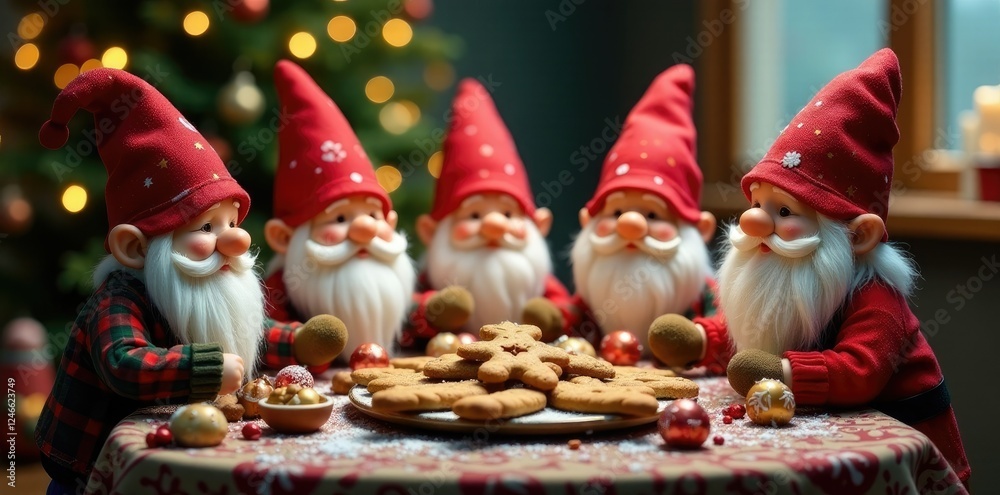 Naklejka premium Gnomes gather around a table filled with gingerbread cookies and treats, feast, gnomes