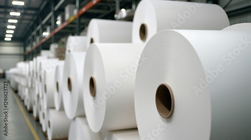 Large rolls of white paper lined up in a spacious industrial warehouse during daylight hours