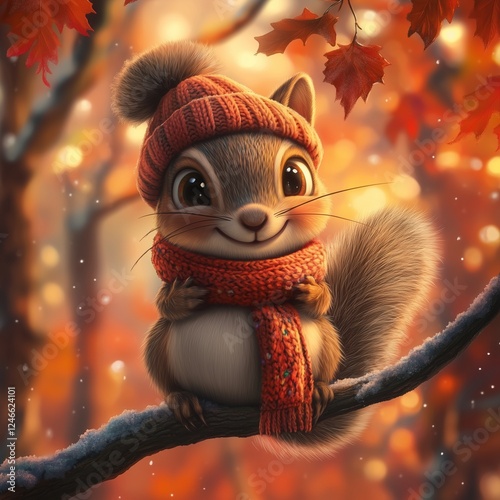 A cute cartoon squirrel wearing a winter hat and scarf