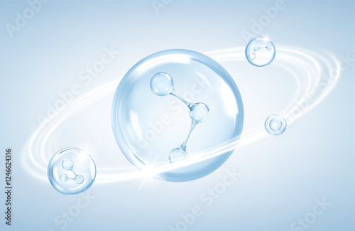 Transparent liquid collagen bubbles with molecules inside. Collagen skin serum. Cosmetic essence. Concept skin care cosmetics solution