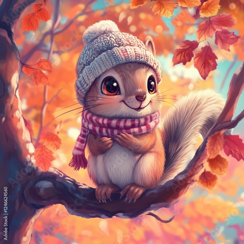 A cute cartoon squirrel wearing a winter hat and scarf