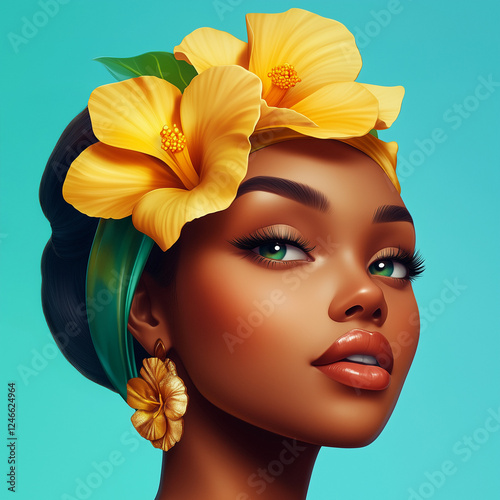 Black Woman with Tropical Flower hair clip. Glamourous black woman. African American beautiful girl with floral decorations hairstyle. Woman with dark skin and tropical flower hair clip.
