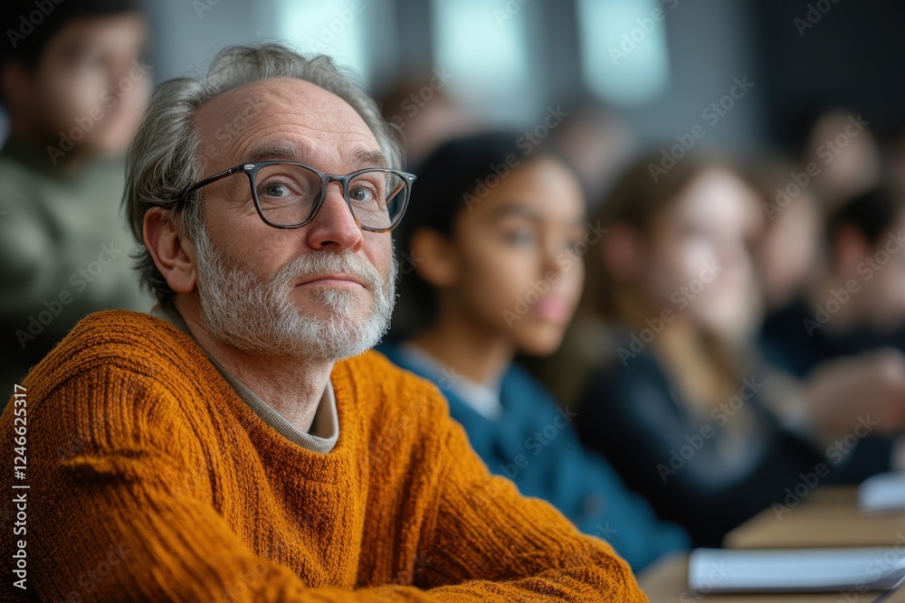 Man with glasses and sweater observing college students during a test in a classroom setting Man with glasses and sweater observing college students during a test in a classroom setting