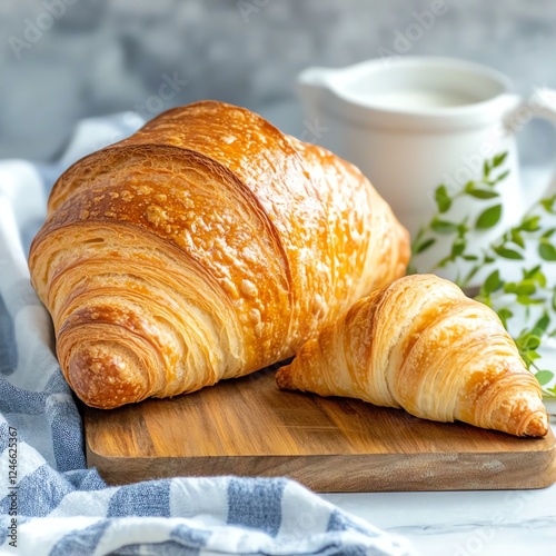 Freshly baked croissants on a wooden board, perfect for breakfast or brunch, showcasing flaky layers and golden crust. photo