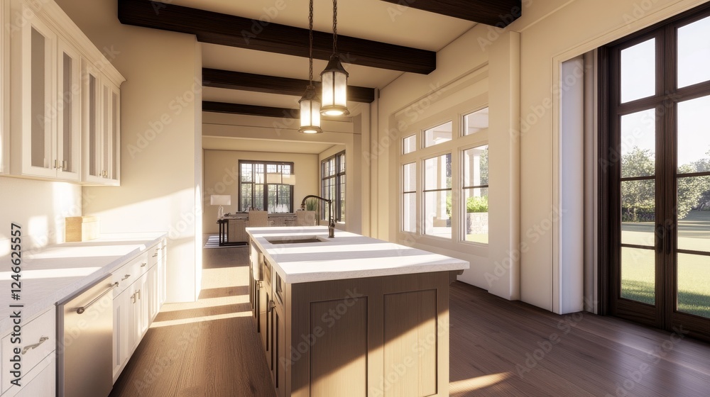 Modern kitchen interior featuring a spacious layout with natural light and elegant design elements Modern kitchen interior featuring a spacious layout with natural light and elegant design elements