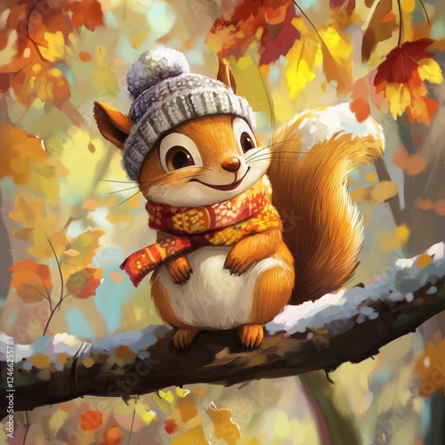 A cute cartoon squirrel wearing a winter hat and scarf