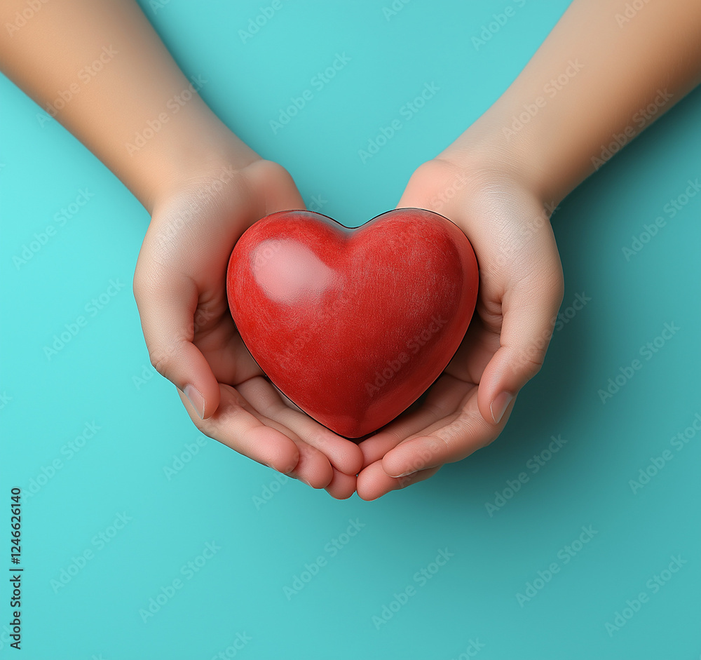 Fototapeta premium Hands of an adult and child holding a red heart against a light blue background, symbolizing love, care, and health. Ideal for World Health Day themes, this high-quality image conveys compassion, well