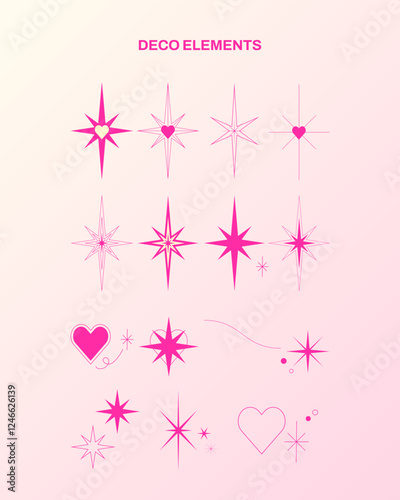 키치한 반짝이와 하트 장식 요소 세트. y2k style elements graphic.
