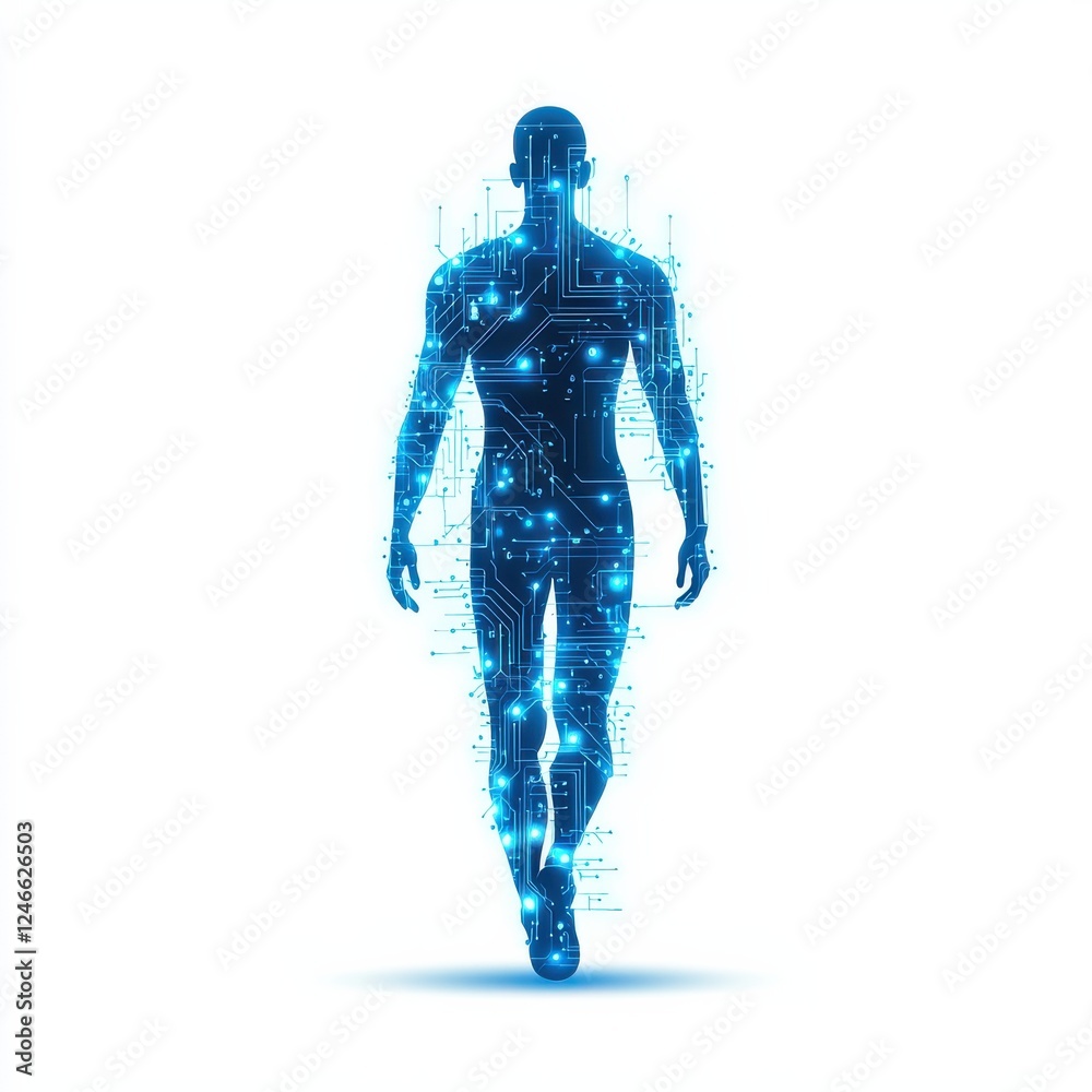 A digital figure composed of glowing circuitry, symbolizing the fusion of technology and humanity in a futuristic context. A digital figure composed of glowing circuitry, symbolizing the fusion of technology and humanity in a futuristic context.