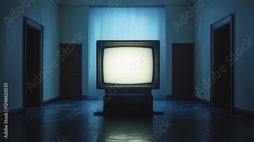 Television set in a dark room illuminated by light with screen test pattern displayed on the screen photo