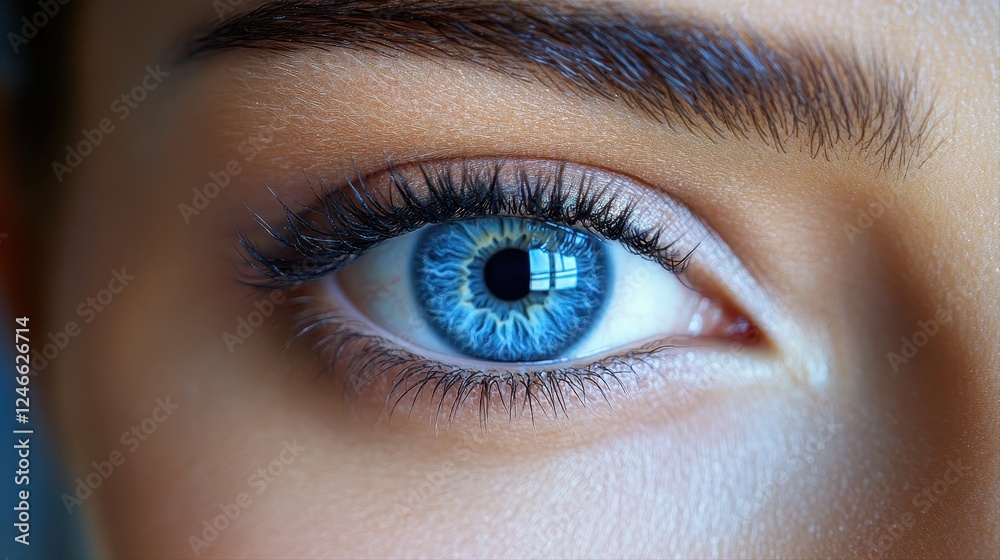 Obraz premium Close up of a womans face with blue eyes focusing on thoughts and ideas