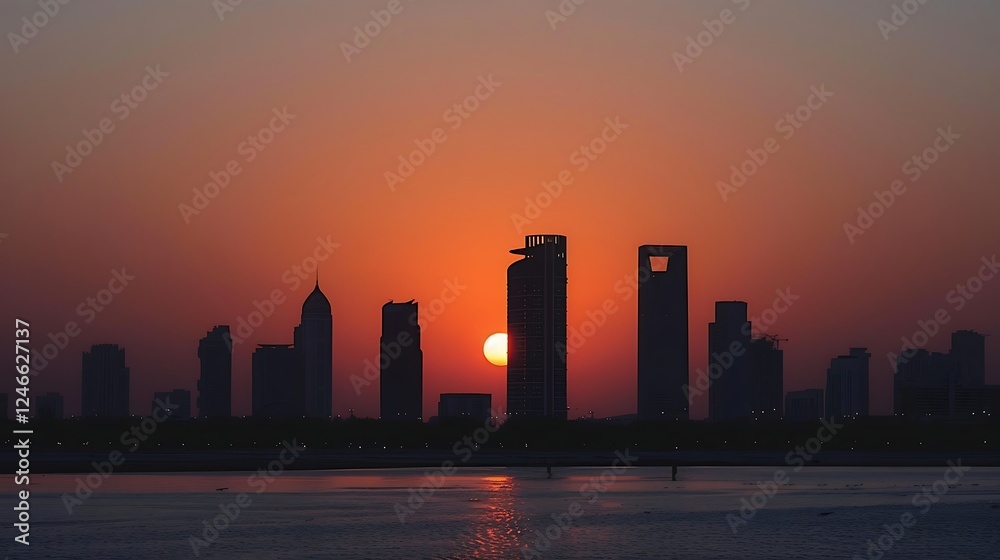 Fototapeta premium Dubai skyline at sunset, United Arab Emirates. Dubai is the fastest growing city in the world.