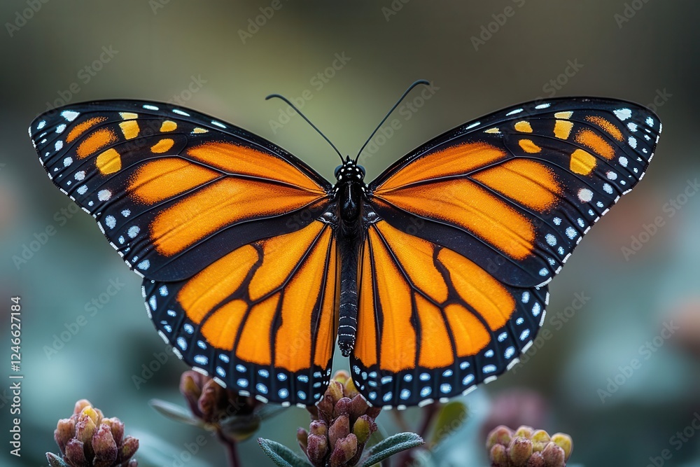 Fototapeta premium ornate orange monarch butterfly perched gracefully its striking wings showcased in intricate detail isolated on a pristine white background emphasizing its beauty and delicate nature