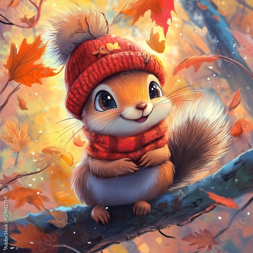 A cute little squirrel wearing winter